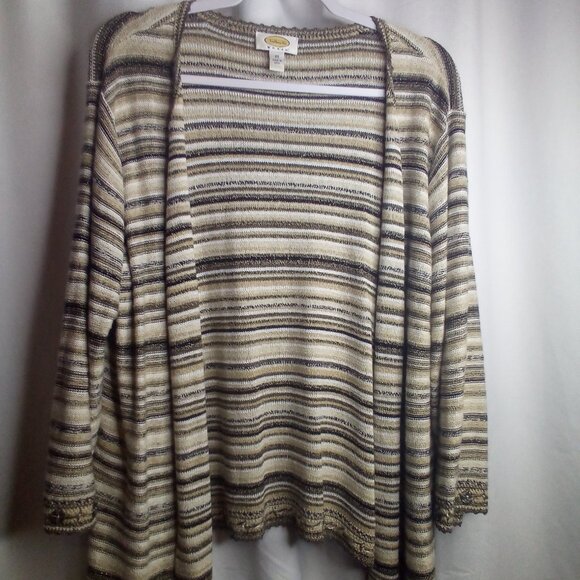 Talbots Cardigan Sweater 2X Women Button Up 3/4 Sleeve Stripe Brown Black - Picture 1 of 14